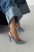 Ladies' Denim Woven Pointed-Toe Slingback Heels
