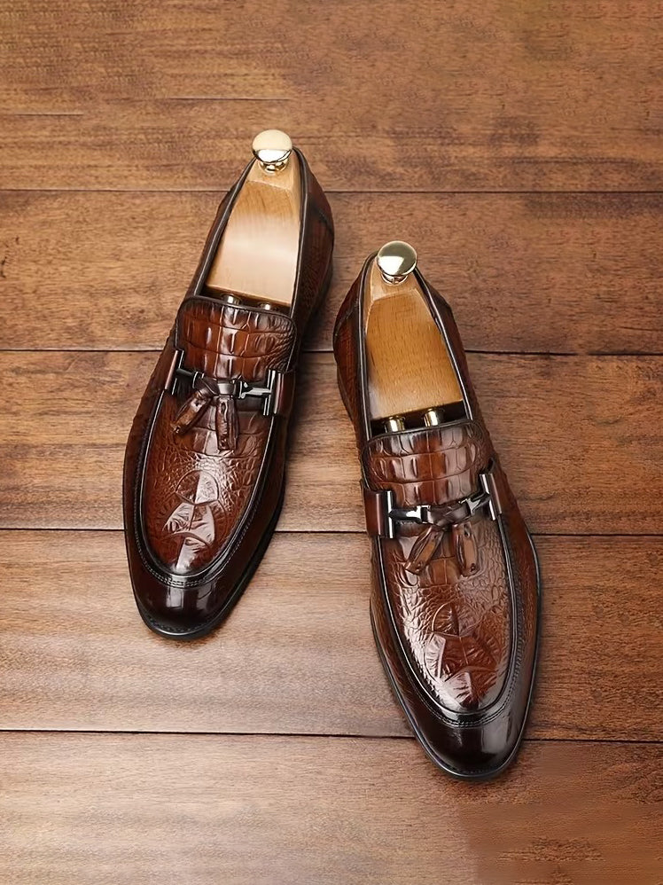 Textured Slip-On Dress Shoes With Metal Buckle