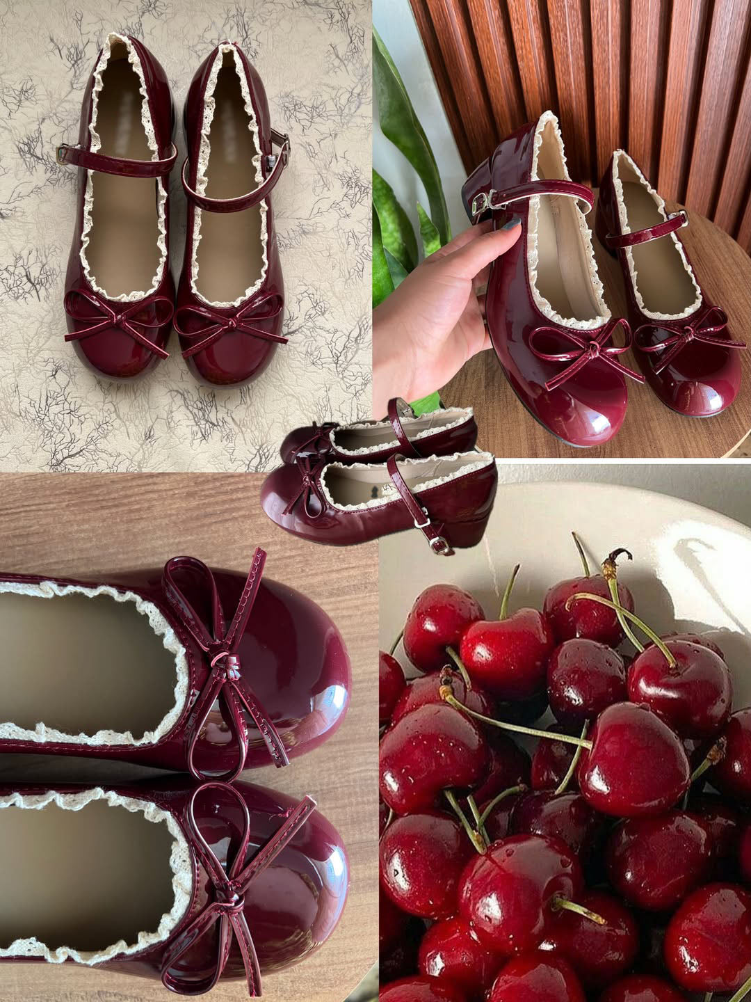 Ladies' Burgundy Patent Lace Trim Mary Jane Block Heels