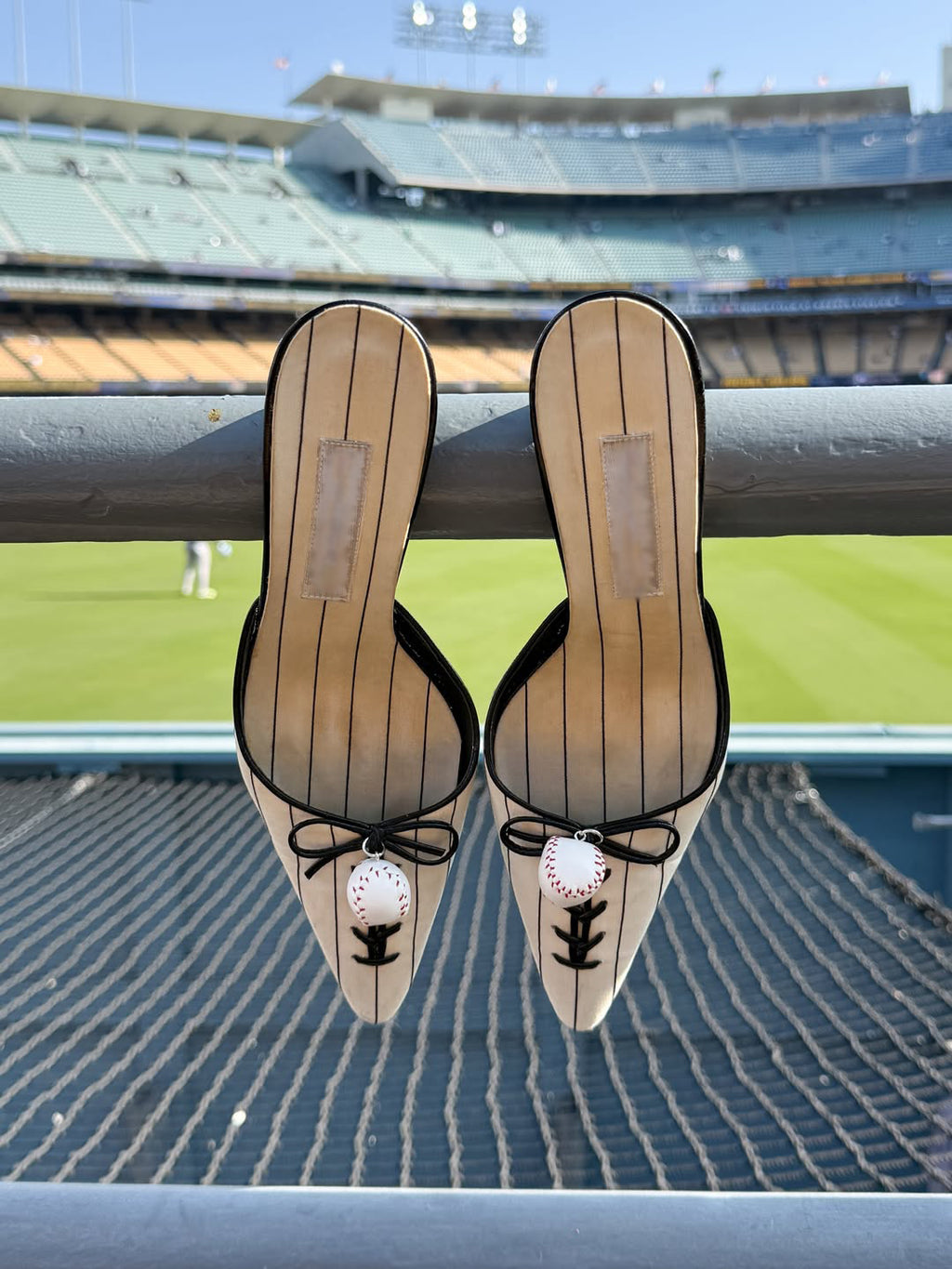 Ladies' Baseball Pinstripe Satin Mules with Charm Detail