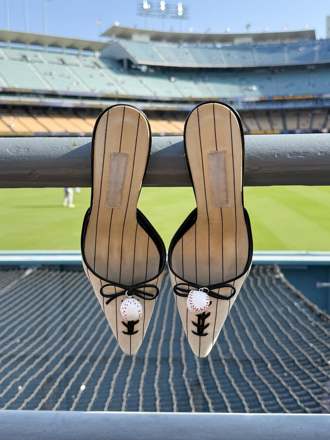 Ladies' Baseball Pinstripe Satin Mules with Charm Detail