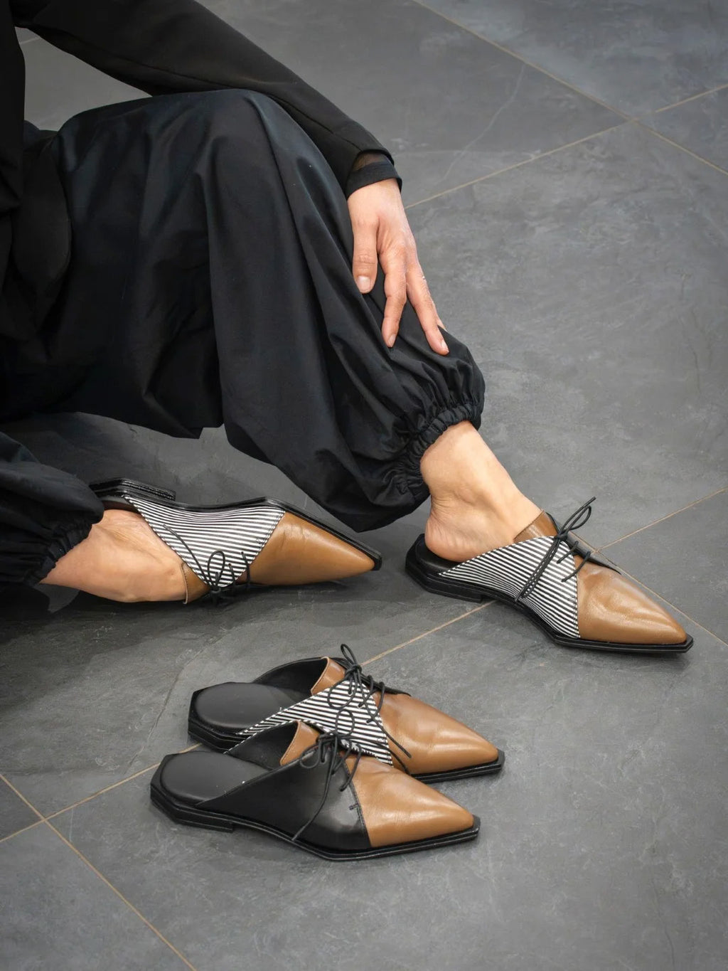 Ladies' Color-Block Pointed-Toe Lace-Up Mules