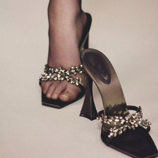 Ladies' Crystal Embellished Square Toe Flared Heel Mules