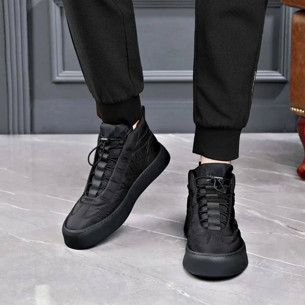 Men's High-Top Casual Boots - All-Black Quilted Style For Commuting & Leisure