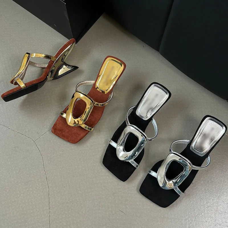 Ladies' Metal Buckle Wedge Heel Slide Sandals