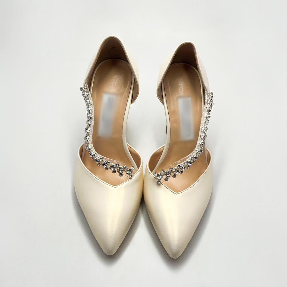 Elegant Satin & Leather Mid-Heel Pumps with Rhinestone Strap