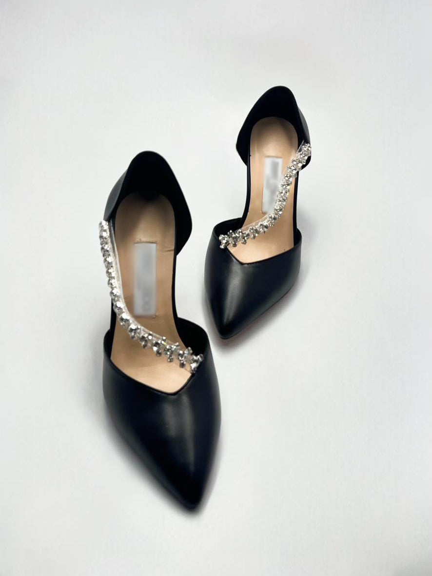 Elegant Satin & Leather Mid-Heel Pumps with Rhinestone Strap