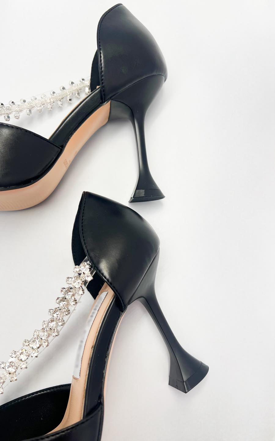 Elegant Satin & Leather Mid-Heel Pumps with Rhinestone Strap