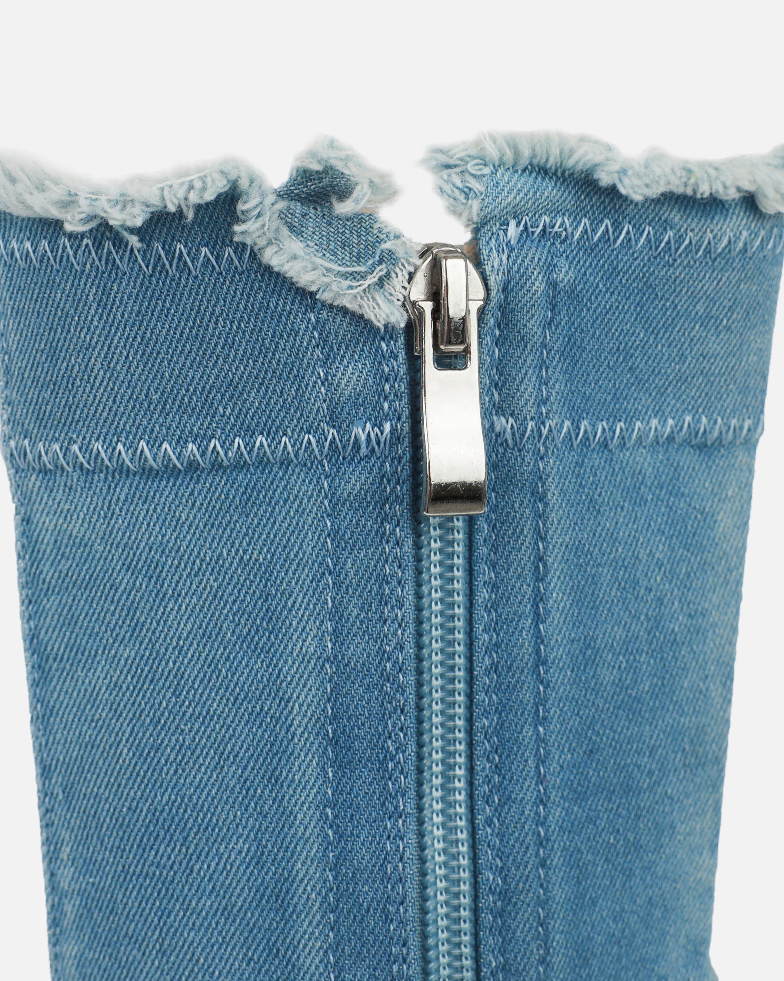 Frayed Edge Open-Toe Denim Ankle Boots
