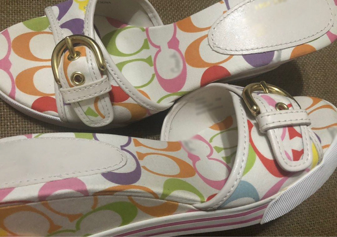 Vintage Multicolor Logo Print Wedge Mules