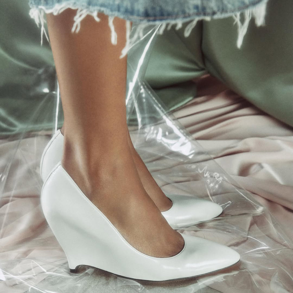 Ladies' White Leather Pointed Toe Wedge Pumps