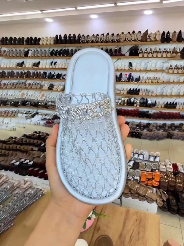 Women's Rhinestone Chain Mesh Flat Slides