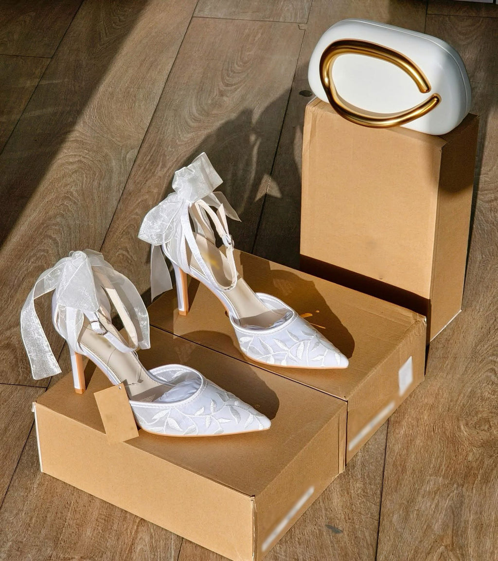 Ladies' Embroidered Lace Bridal Heels with Tulle Bow