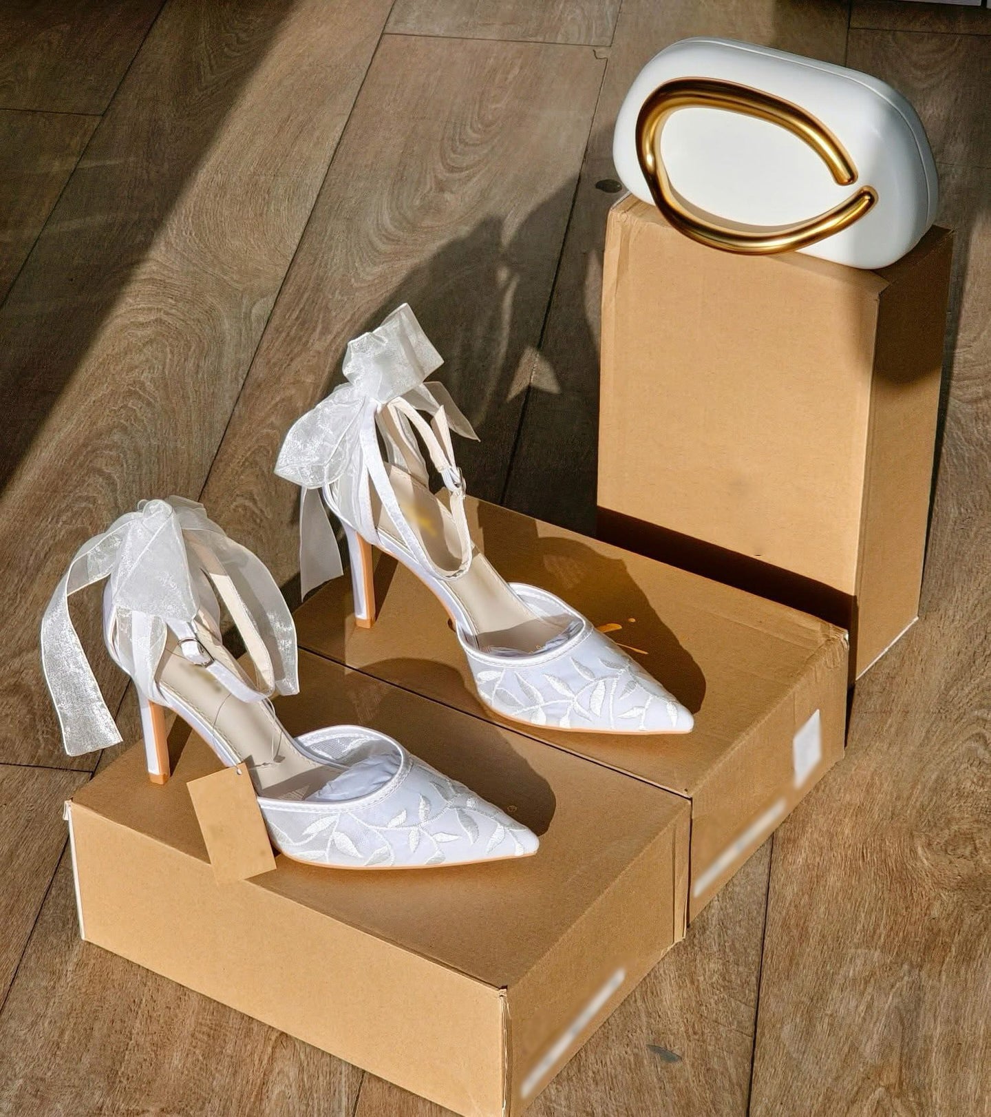 Ladies' Embroidered Lace Bridal Heels with Tulle Bow