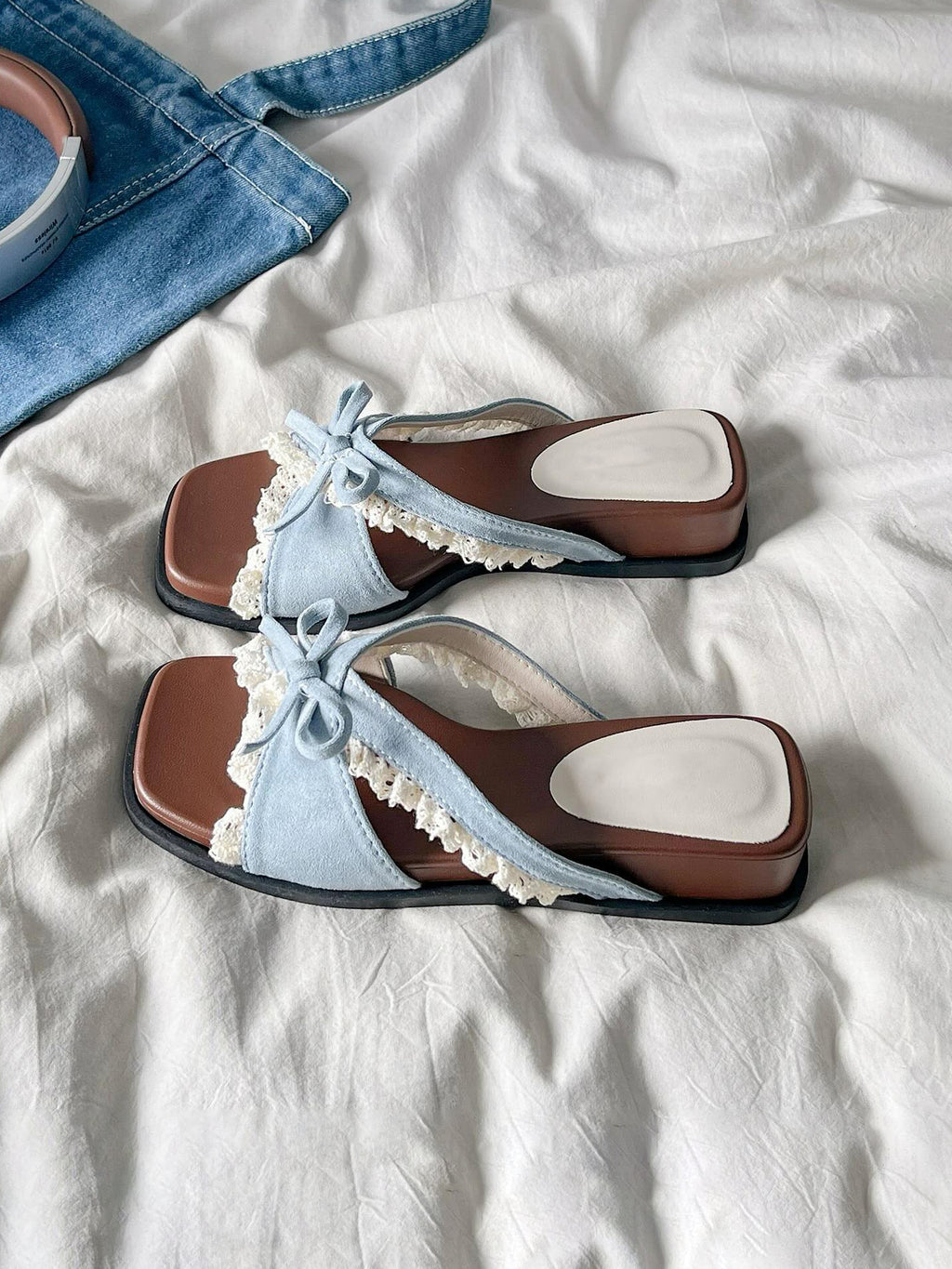 Ladies' Lace Trim Bow Wedge Slide Sandals