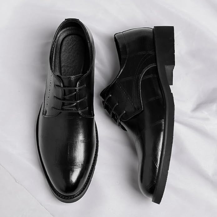 Embossed Grid-Pattern Lace-Up Dress Shoes