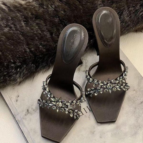 Ladies' Crystal Embellished Square Toe Flared Heel Mules