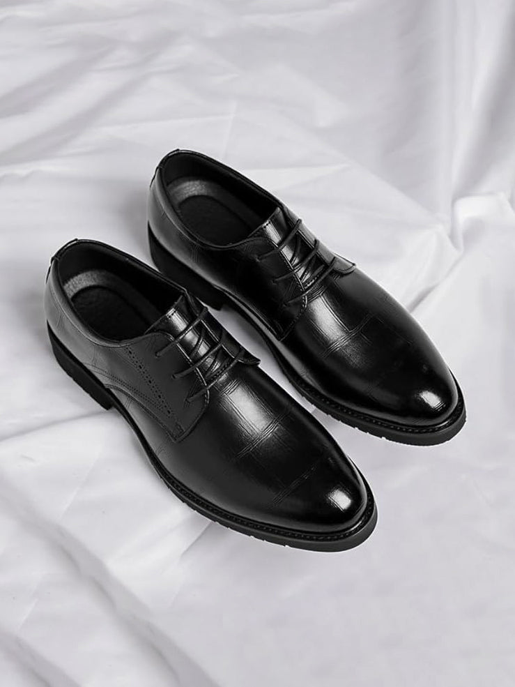 Embossed Grid-Pattern Lace-Up Dress Shoes