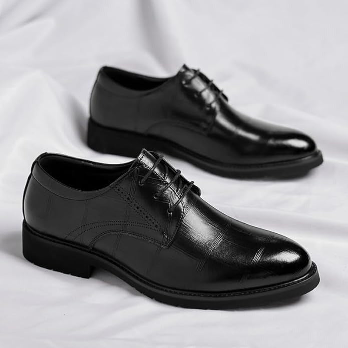 Embossed Grid-Pattern Lace-Up Dress Shoes