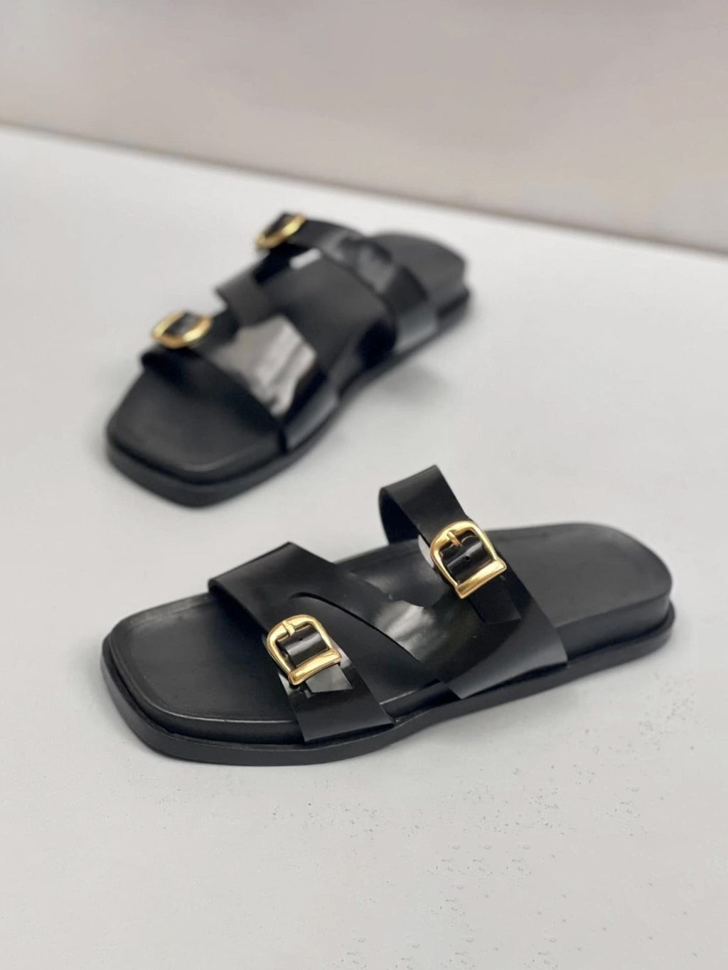 Irregular Double Buckle Birken Slide Sandals Square Toe Platform Slide