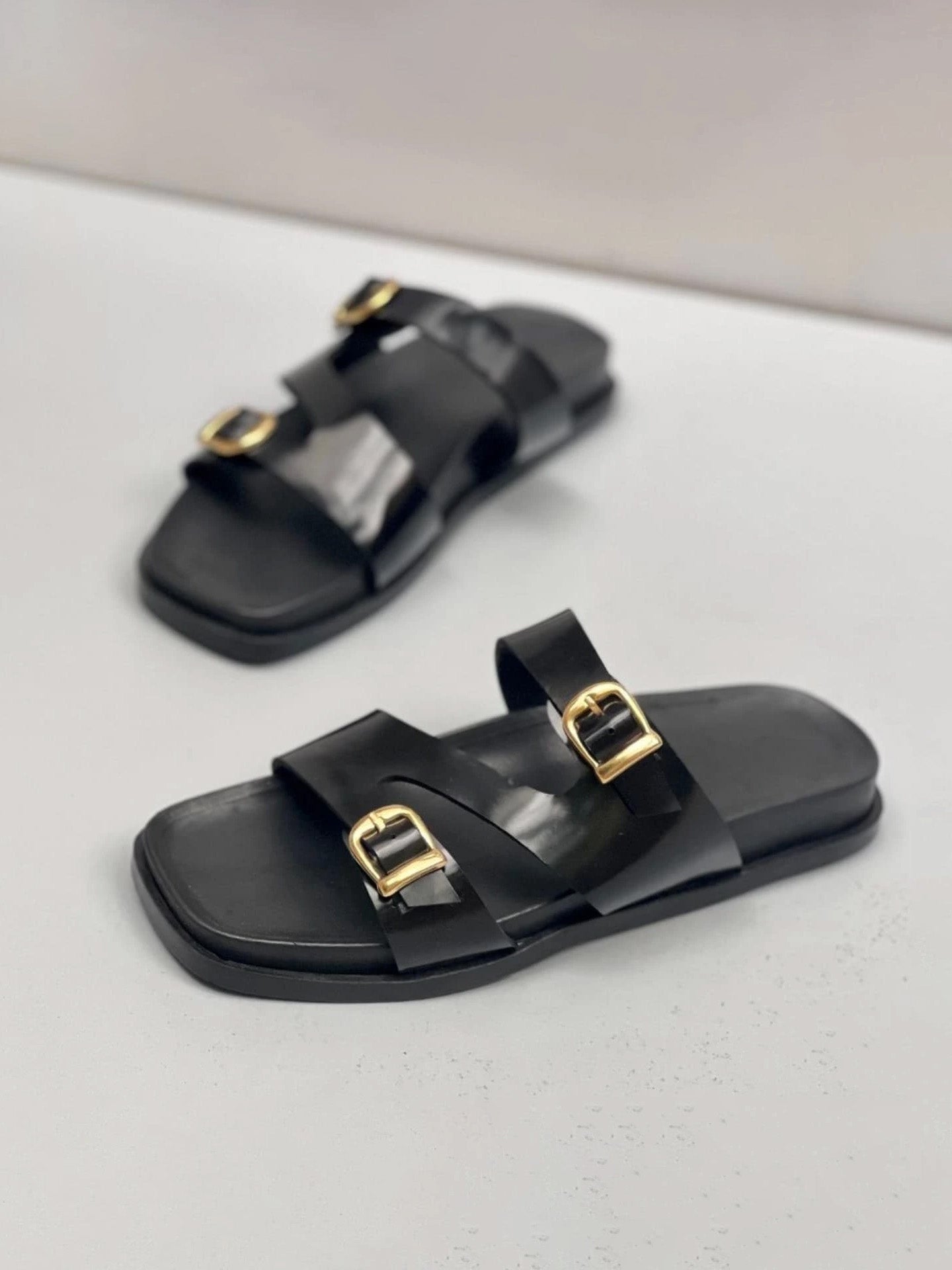 Irregular Double Buckle Birken Slide Sandals Square Toe Platform Slide