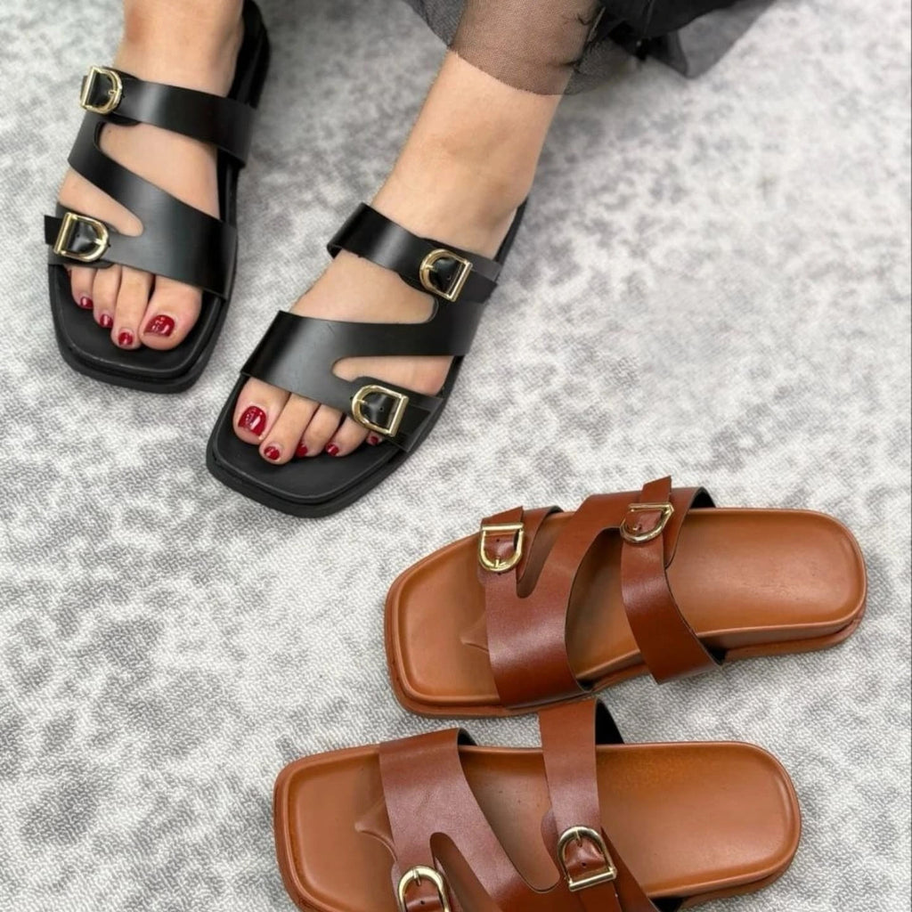 Irregular Double Buckle Birken Slide Sandals Square Toe Platform Slide