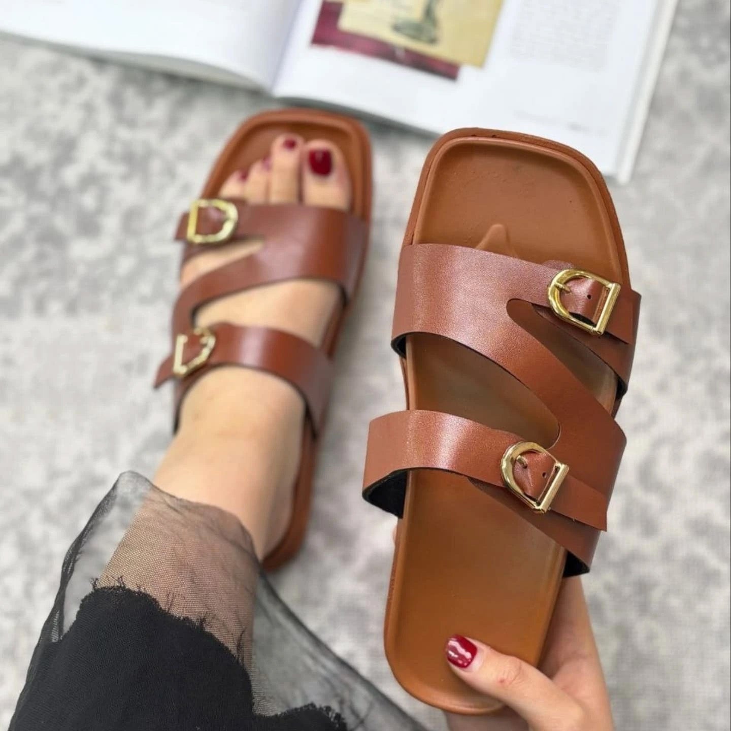 Irregular Double Buckle Birken Slide Sandals Square Toe Platform Slide