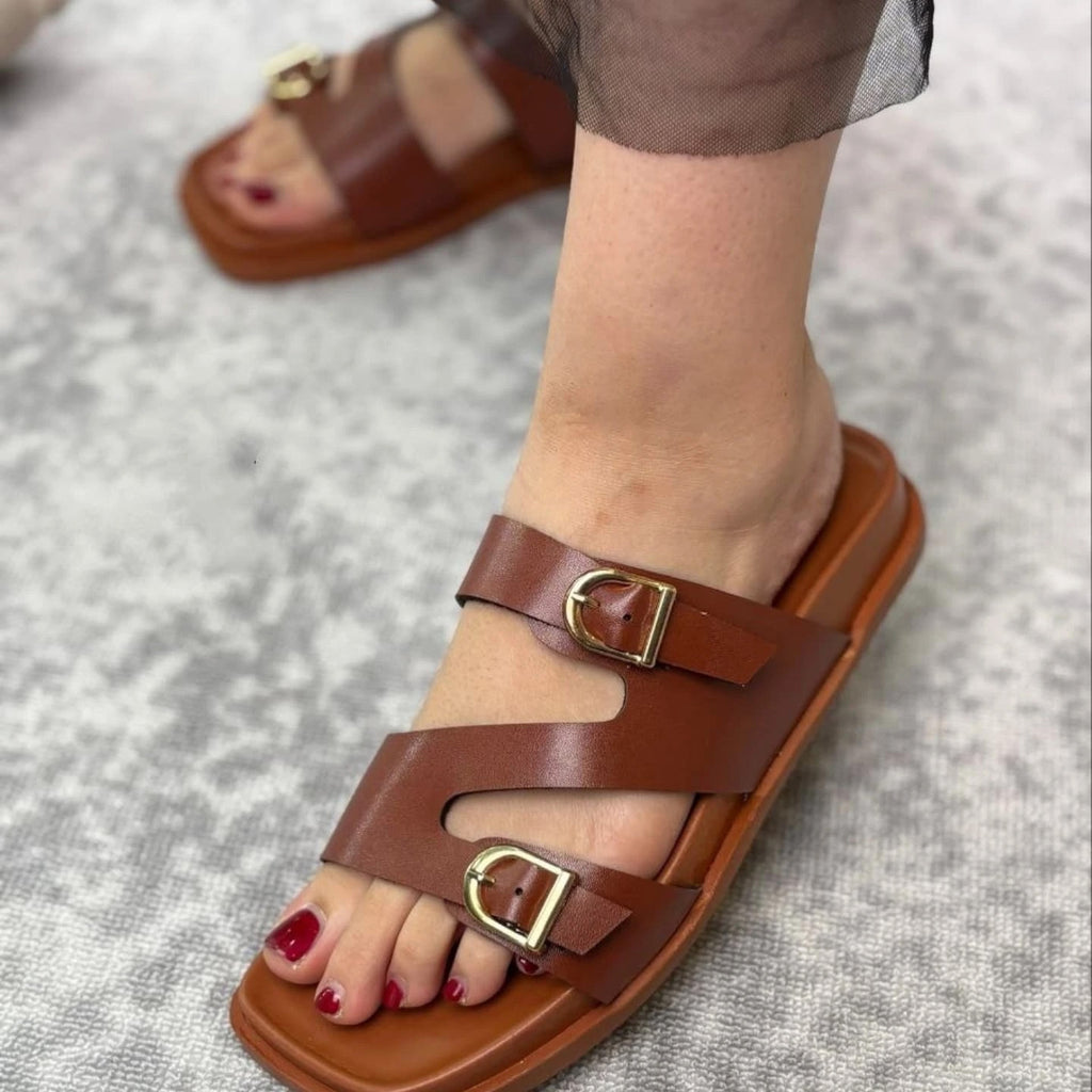 Irregular Double Buckle Birken Slide Sandals Square Toe Platform Slide