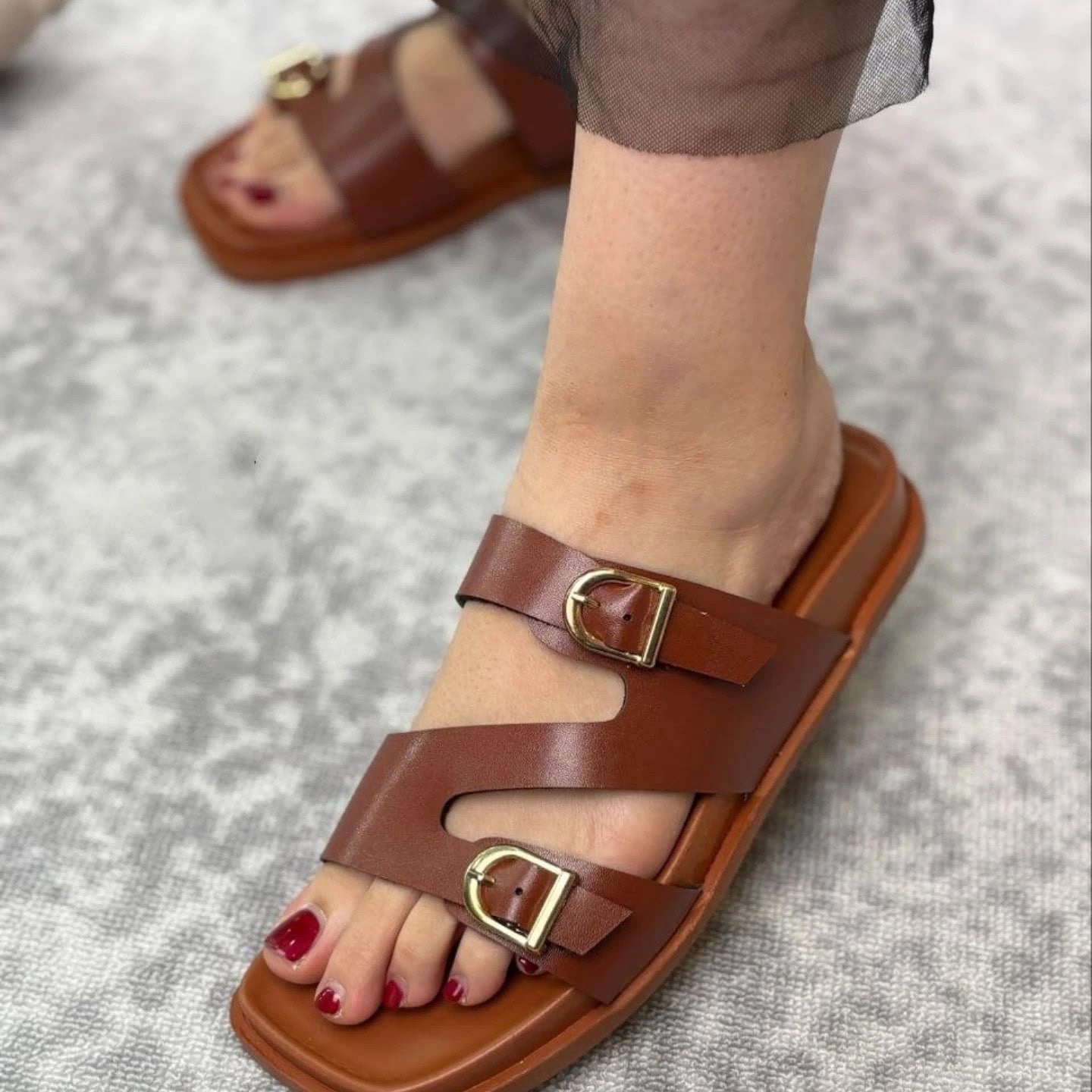 Irregular Double Buckle Birken Slide Sandals Square Toe Platform Slide
