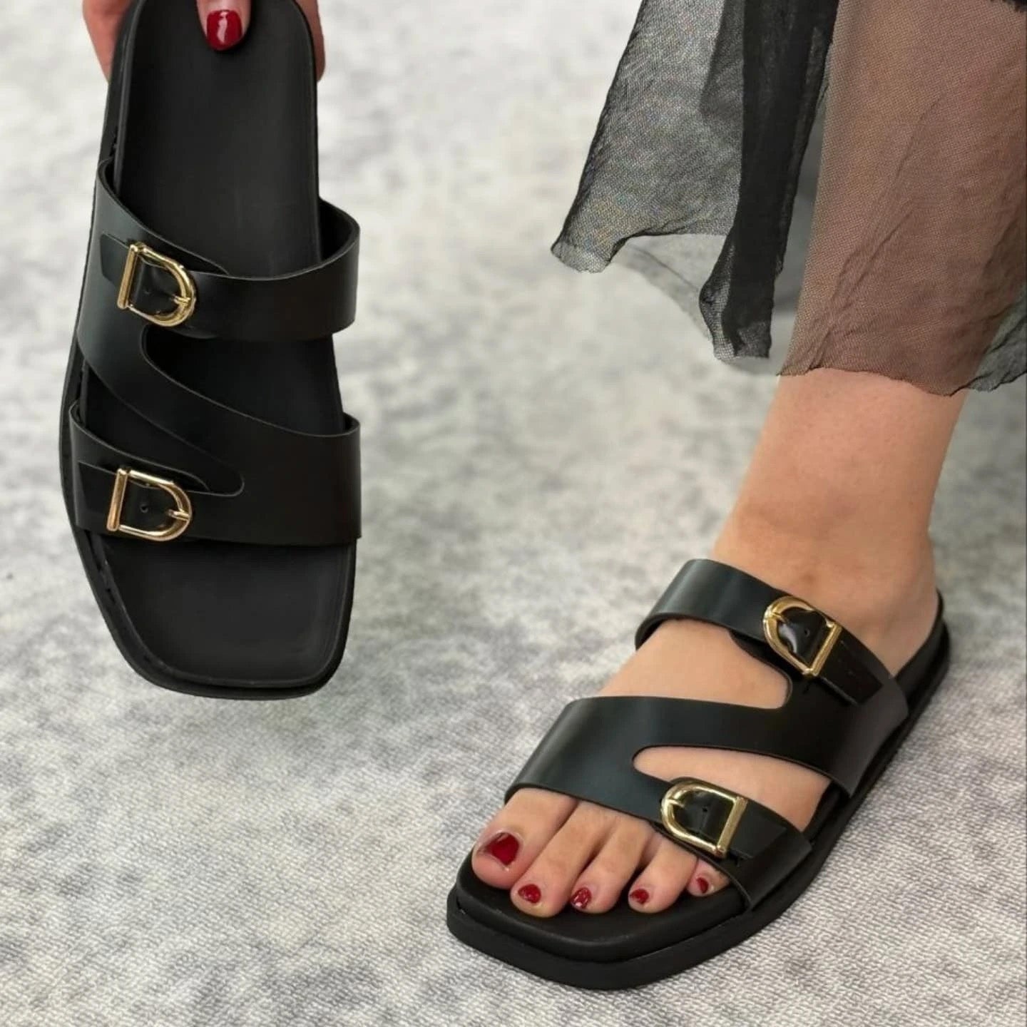 Irregular Double Buckle Birken Slide Sandals Square Toe Platform Slide