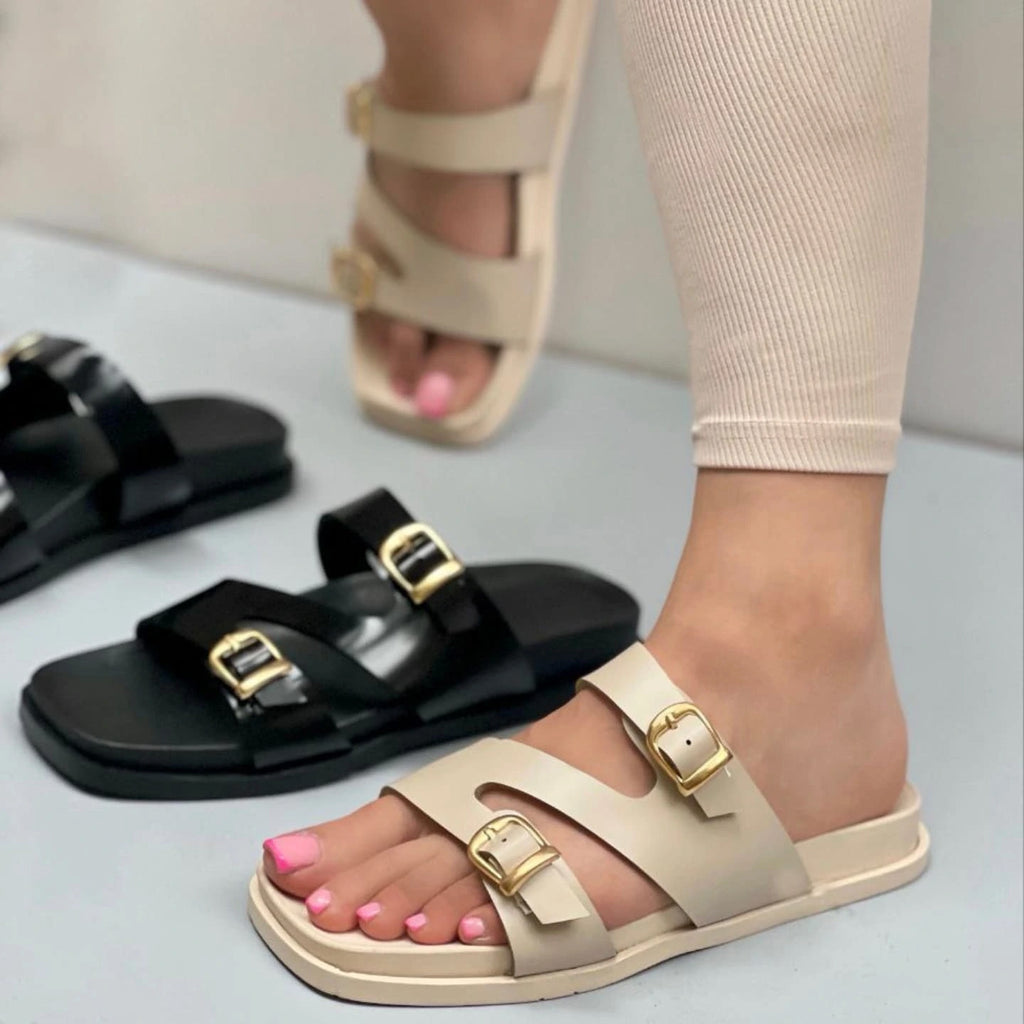 Irregular Double Buckle Birken Slide Sandals Square Toe Platform Slide