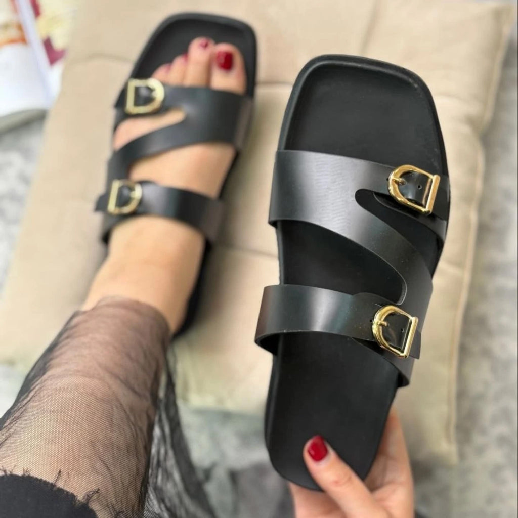 Irregular Double Buckle Birken Slide Sandals Square Toe Platform Slide
