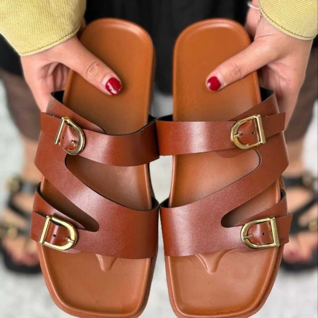 Irregular Double Buckle Birken Slide Sandals Square Toe Platform Slide