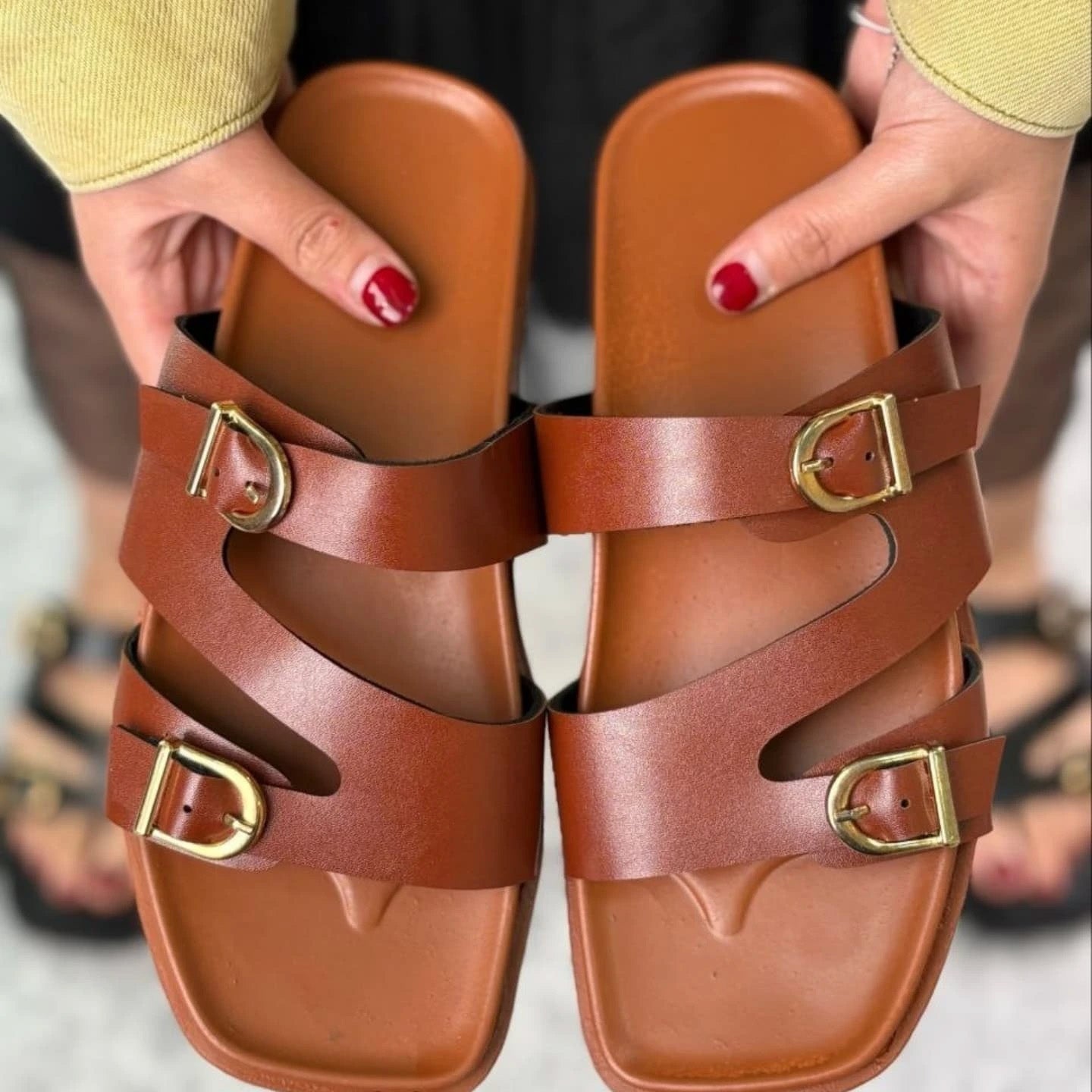 Irregular Double Buckle Birken Slide Sandals Square Toe Platform Slide