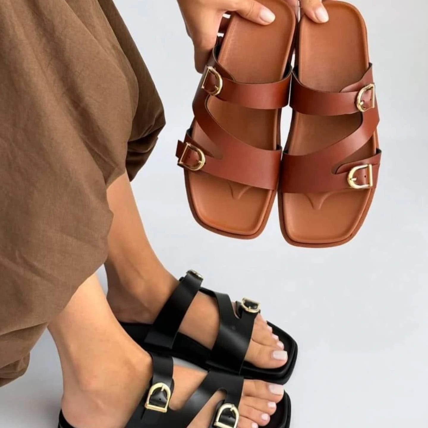 Irregular Double Buckle Birken Slide Sandals Square Toe Platform Slide