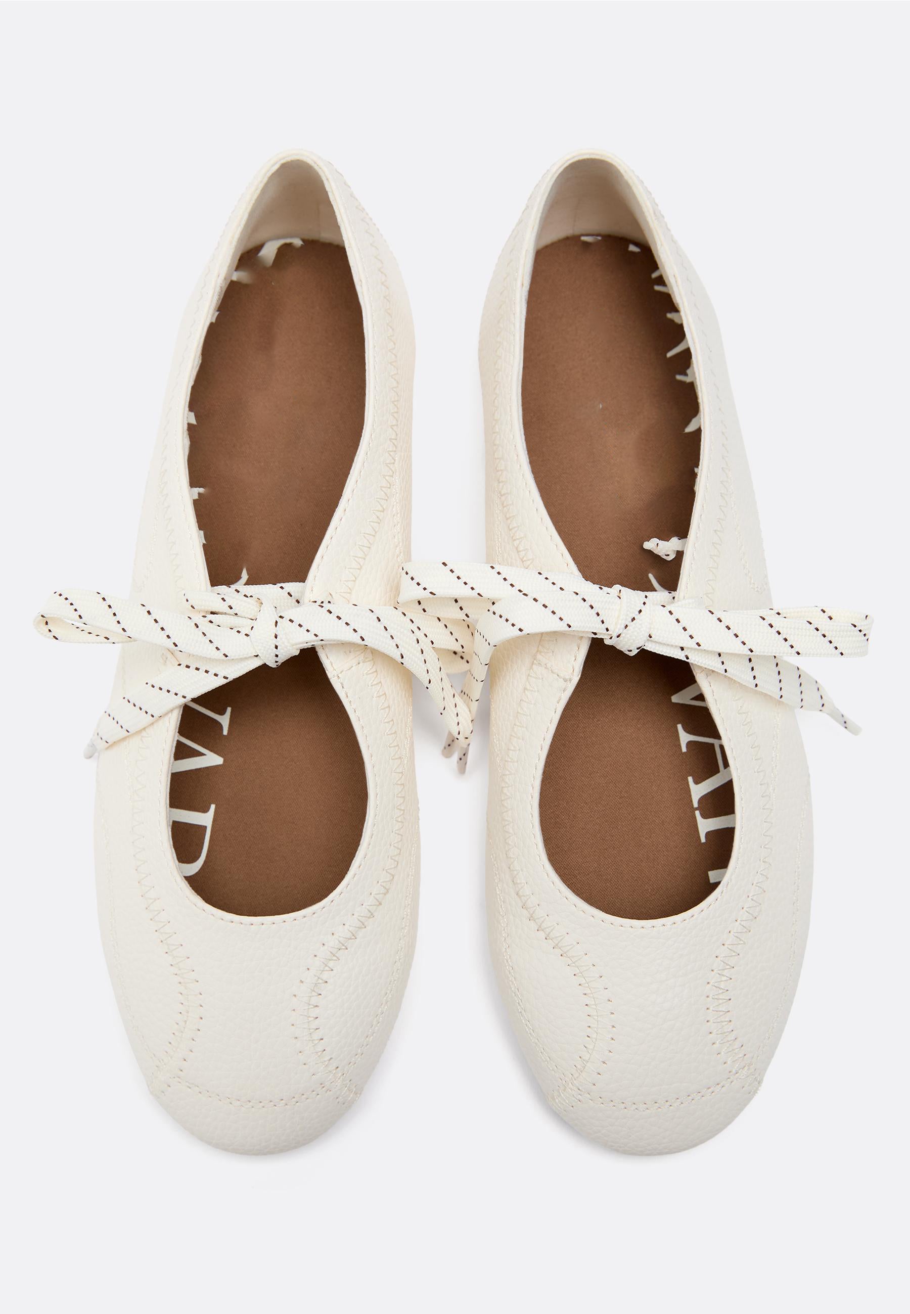 French Striped Lace-Up Stitched Flat Ballet Trainer Flats