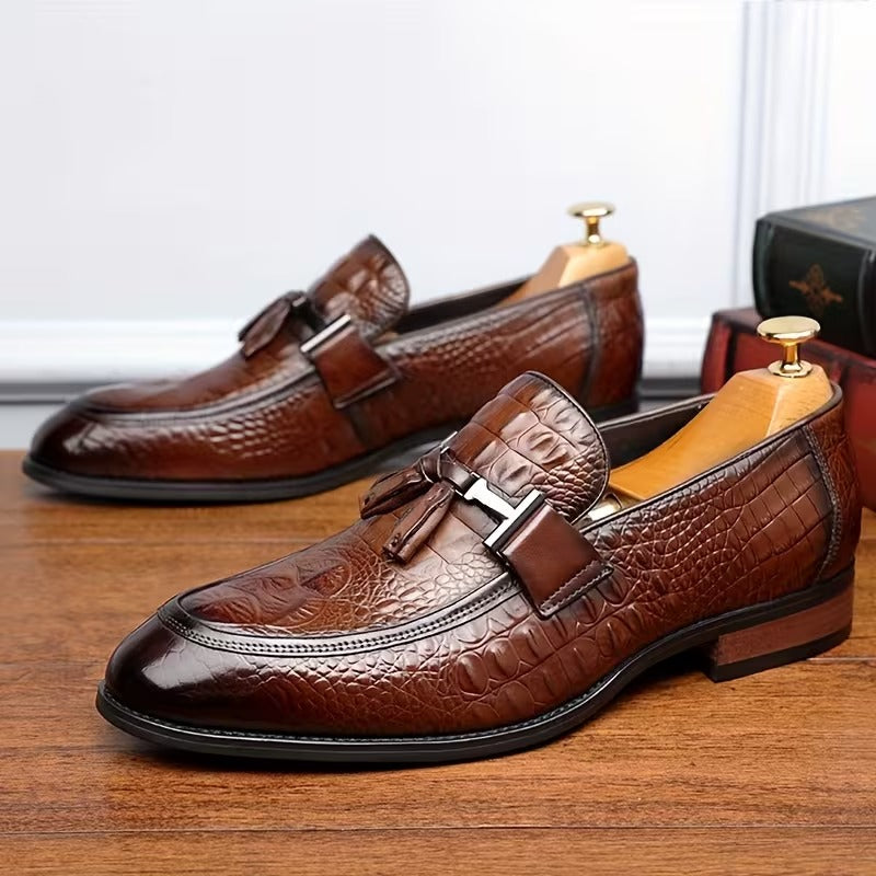 Textured Slip-On Dress Shoes With Metal Buckle
