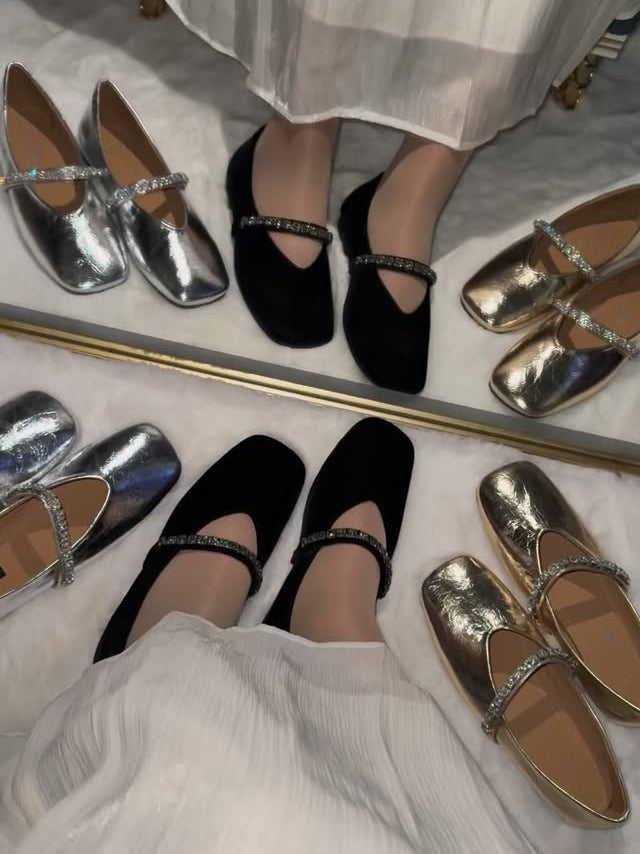 Ladies' Metallic Mary Jane Square-Toe Flats with Rhinestones