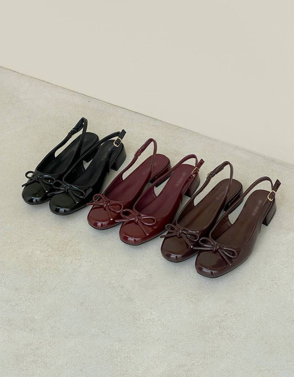 Ladies' Patent Leather Bow Slingback Block Heel Flats