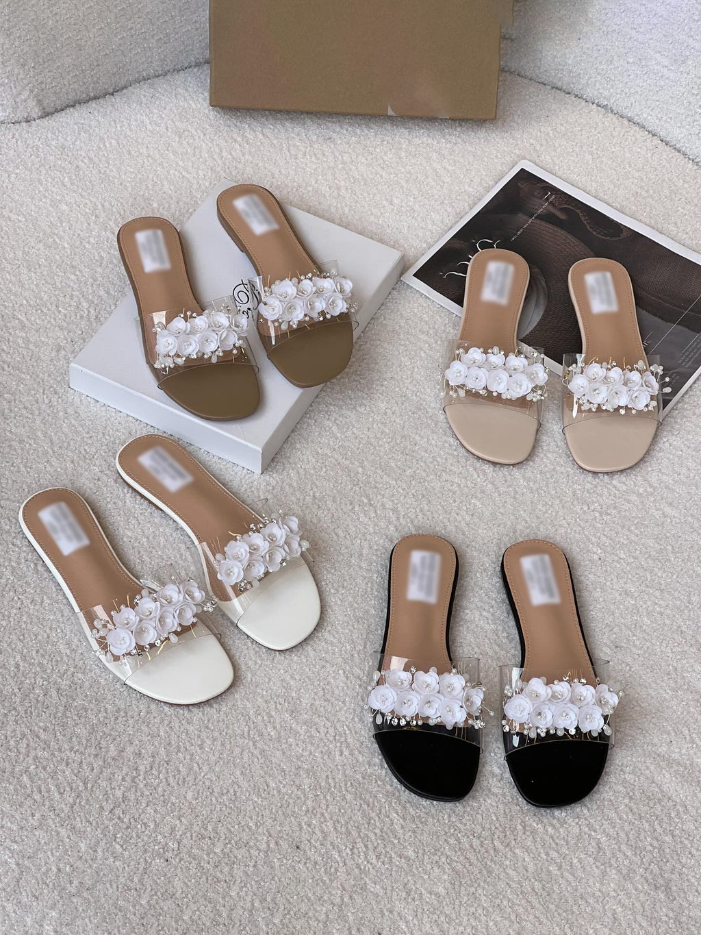 Ladies' Floral Appliqué Clear Strap Slide Sandals