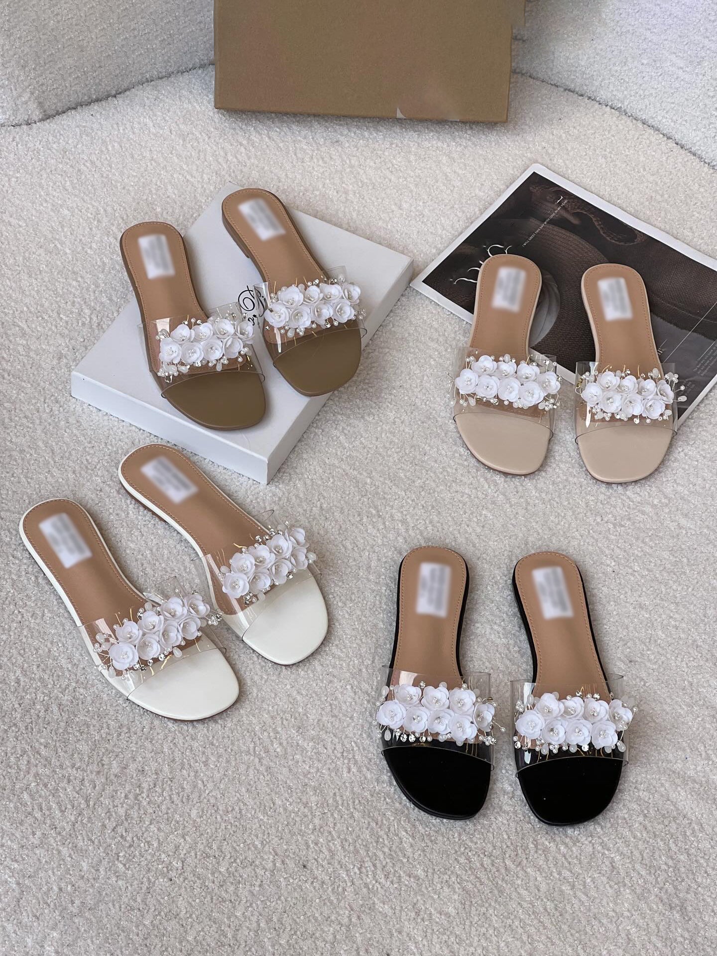 Ladies' Floral Appliqué Clear Strap Slide Sandals