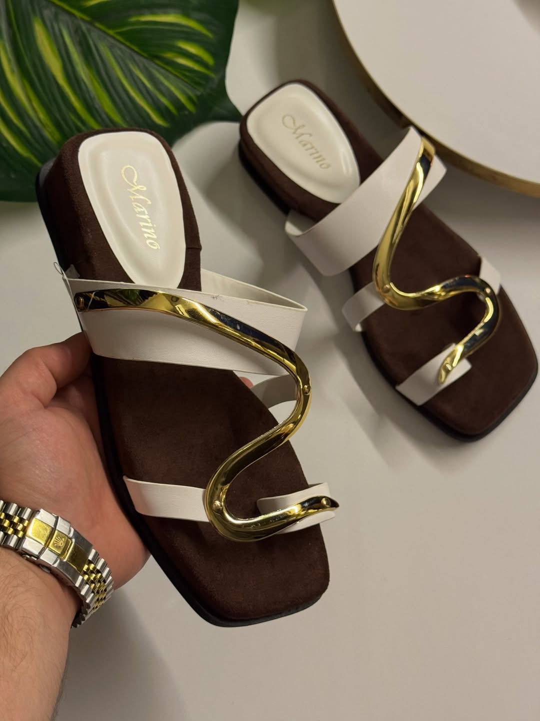 S-Shape Gold Metal Detail Square Toe Slide Sandals