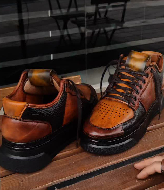 Men's Retro Color-block Leather Casual Shoes - Soft-feel Comfortable Commuting Style
