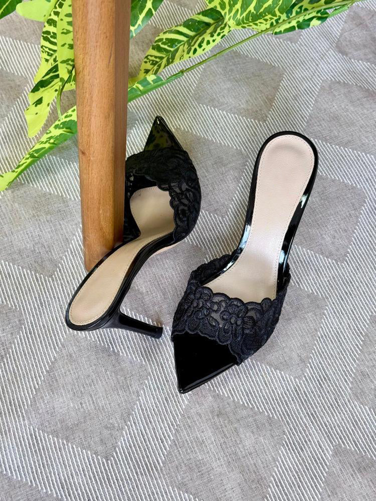 Ladies' Lace Embellished Pointed-Toe Mule Heels