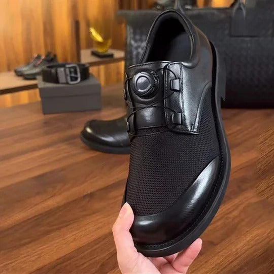 Leather & Mesh Lace-Free Casual Shoes