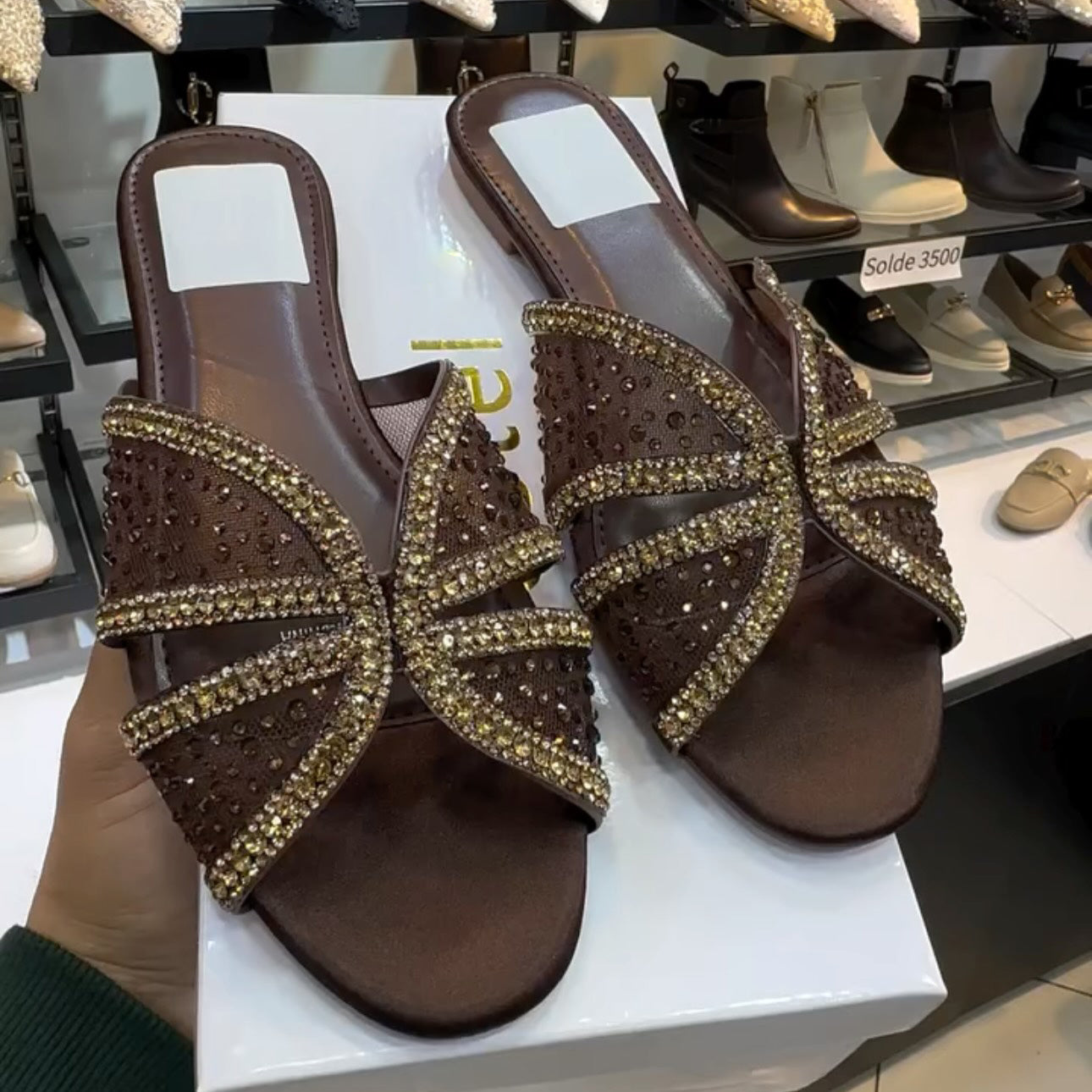 Ladies' Rhinestone Embellished Cross-Strap Mule Sandals