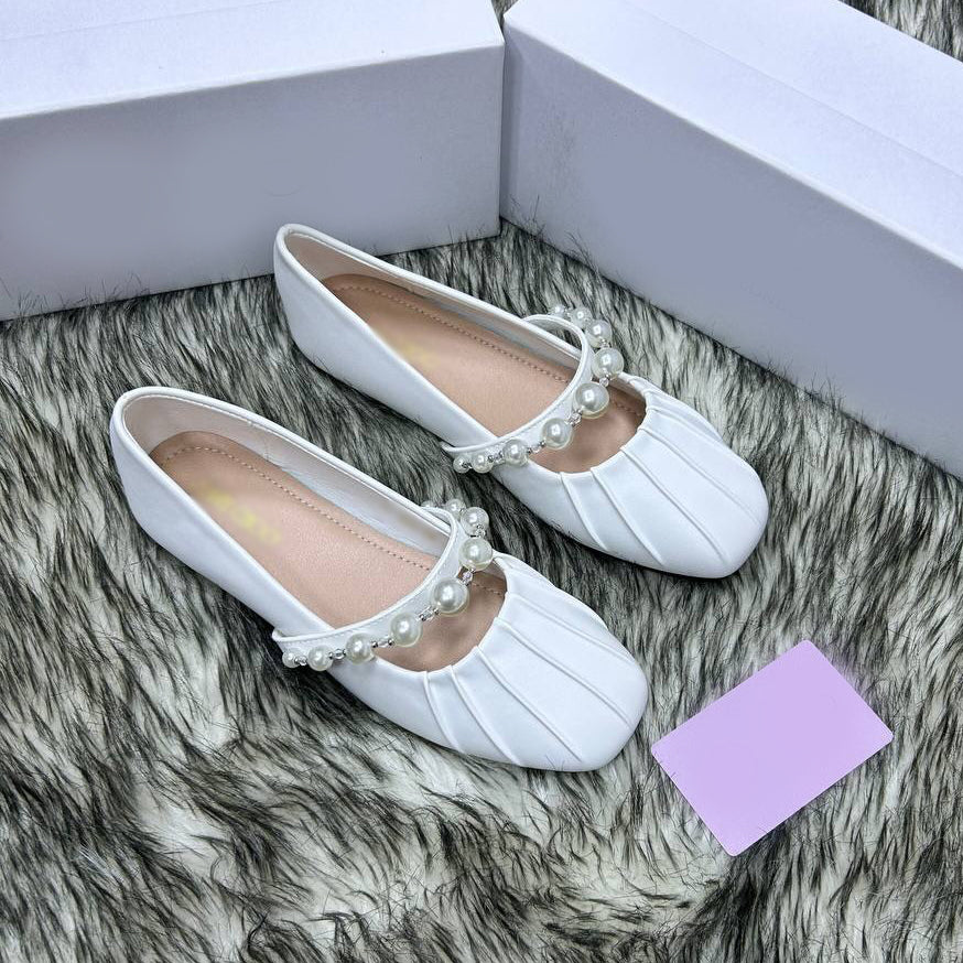 Ladies' Pearl Strap Pleated Square-Toe Ballet Flats