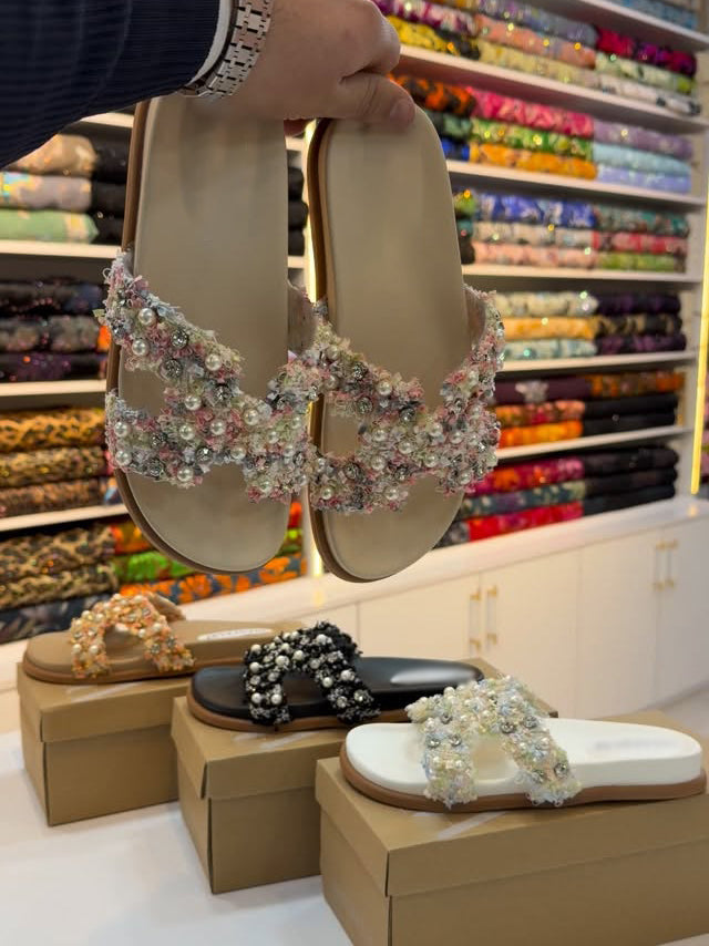 Ladies' Pearl & Rhinestone Textured Cross-Strap Mule Sandals