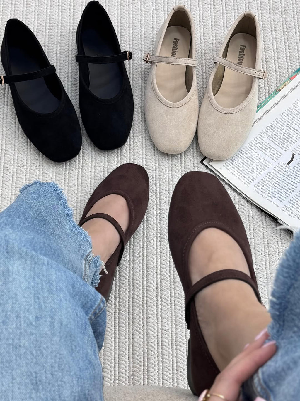 Ladies' Suede Mary Jane Square-Toe Flats