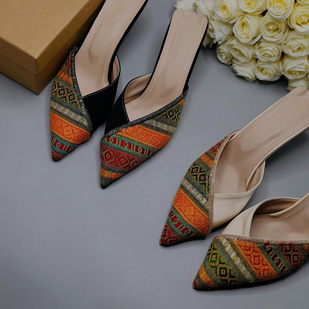 Ladies' Bohemian Woven Rhinestone Backless Stilettos